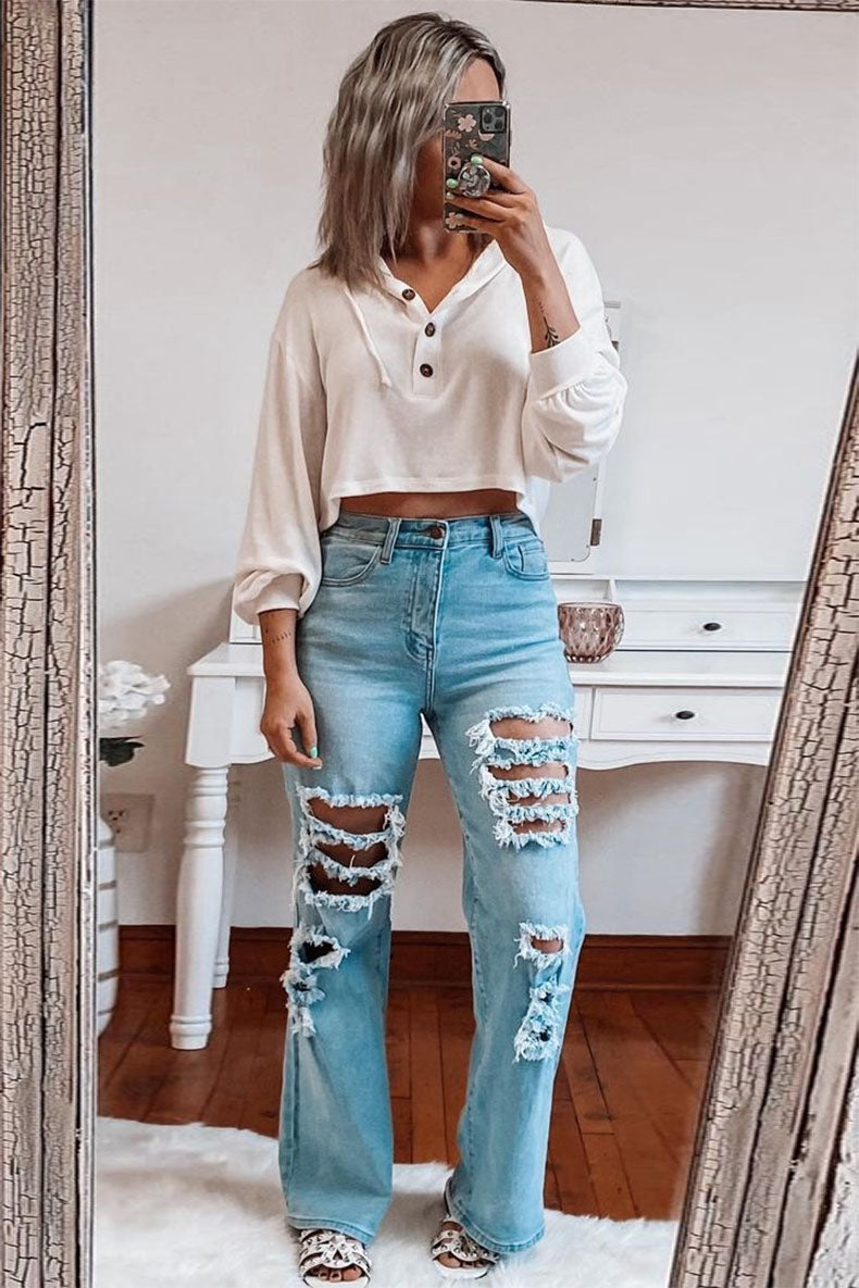 High Rise Ripped Straight Jeans
