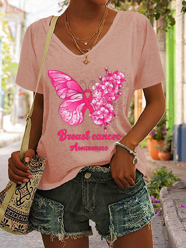 Pink Ribbon Butterfly Breast Cancer Awareness V-neck Short Sleeve T-shirt