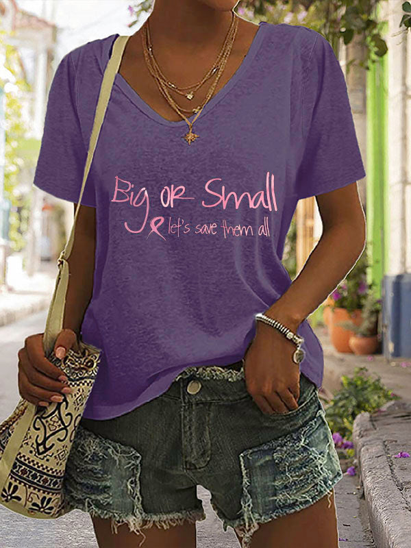 Big Or Small Pink Ribbon Let's Save Them All V-neck Short Sleeve T-shirt