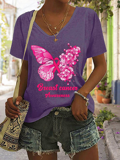 Pink Ribbon Butterfly Breast Cancer Awareness V-neck Short Sleeve T-shirt