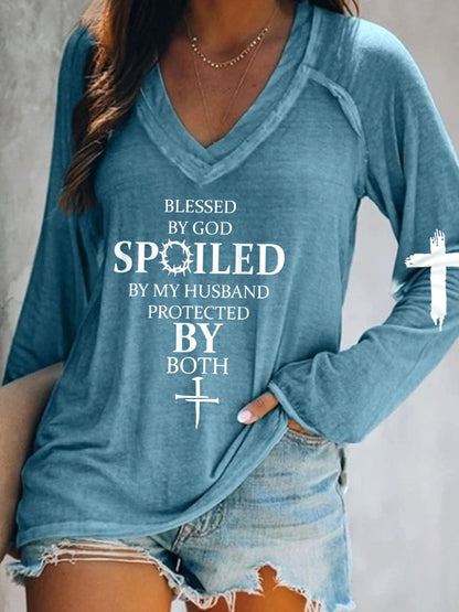 Blessed By God Spoiled By My Husband Protected By Both V-Neck Long Sleeve T-Shirt