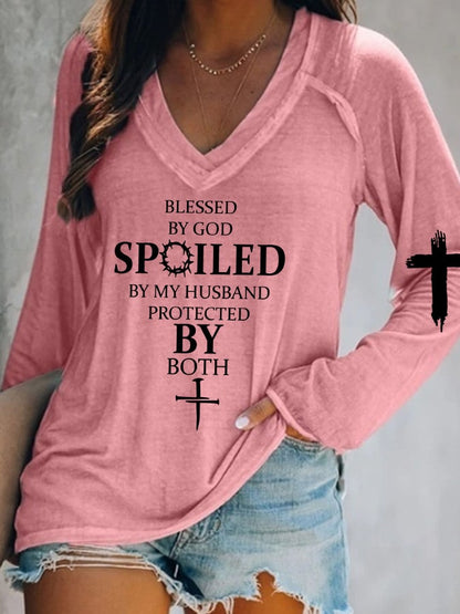 Blessed By God Spoiled By My Husband Protected By Both V-Neck Long Sleeve T-Shirt