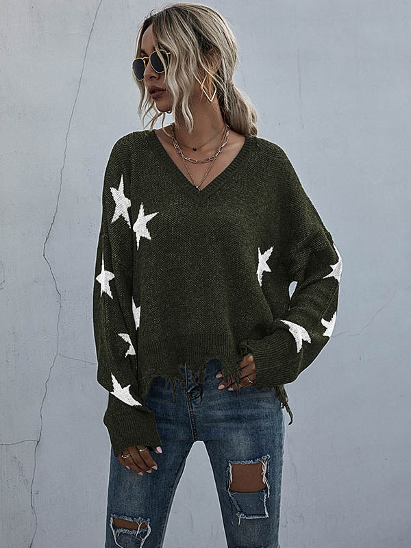 Star V-neck Fringe Knitted Sweater