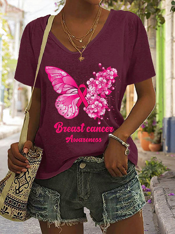 Pink Ribbon Butterfly Breast Cancer Awareness V-neck Short Sleeve T-shirt