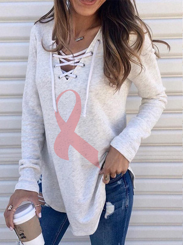V-neck Lace Up Pink Ribbon Pirnt Shirt