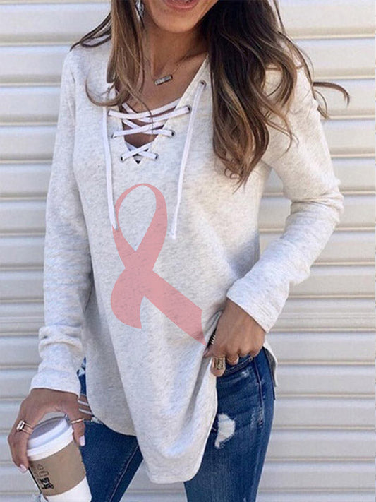 V-neck Lace Up Pink Ribbon Pirnt Shirt