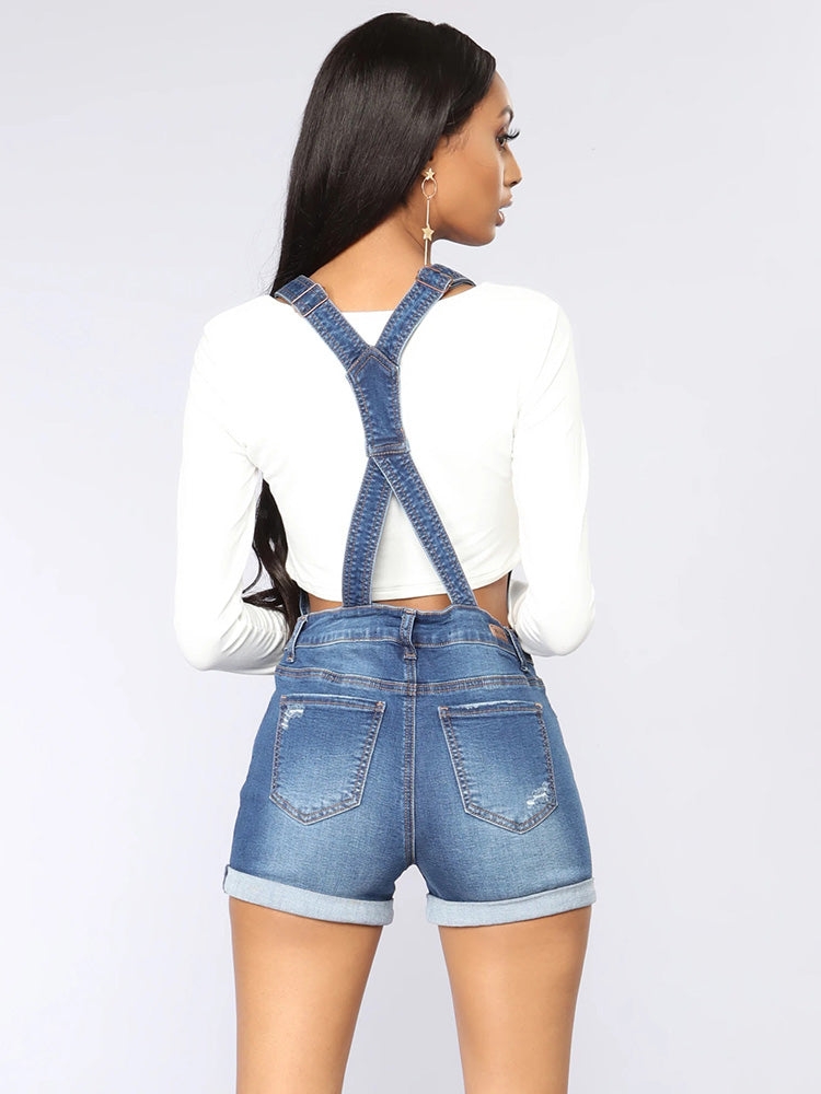 Adjustable Strap Button Front Denim Rompers - Medium Blue