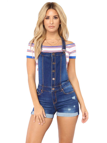 Adjustable Strap Button Front Denim Rompers - Dark Blue