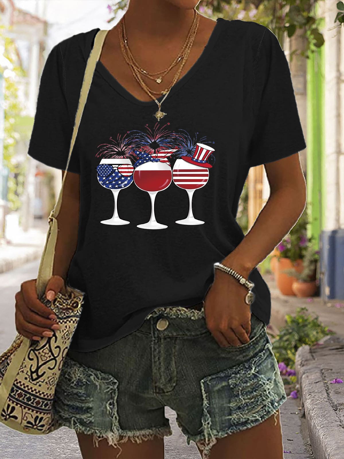 V-Neck Wine & American Flag Graphic T-Shirt