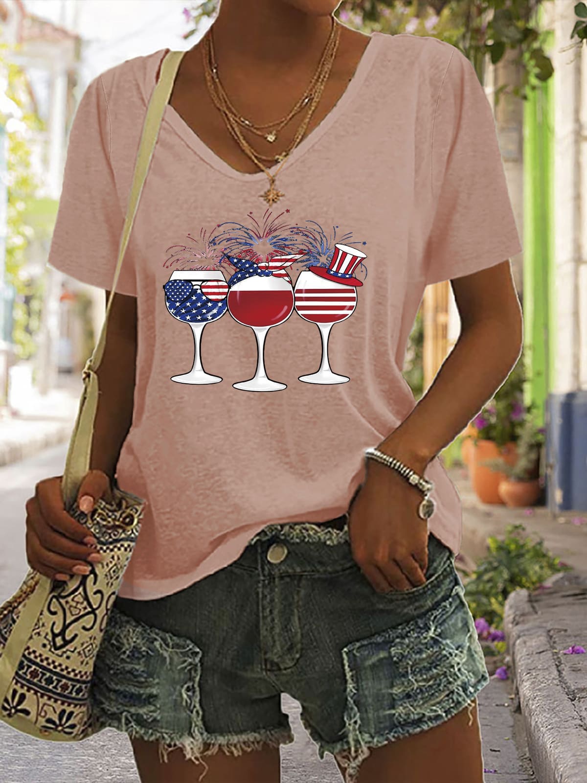 V-Neck Wine & American Flag Graphic T-Shirt