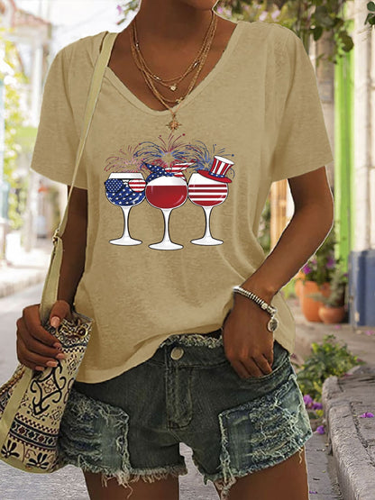 V-Neck Wine & American Flag Graphic T-Shirt