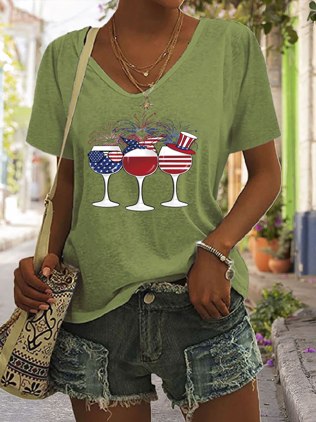 V-Neck Wine & American Flag Graphic T-Shirt