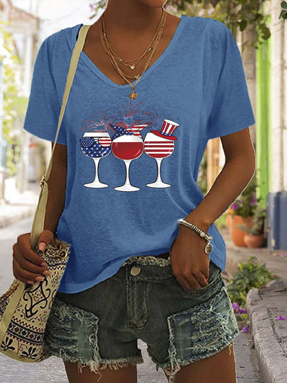 V-Neck Wine & American Flag Graphic T-Shirt