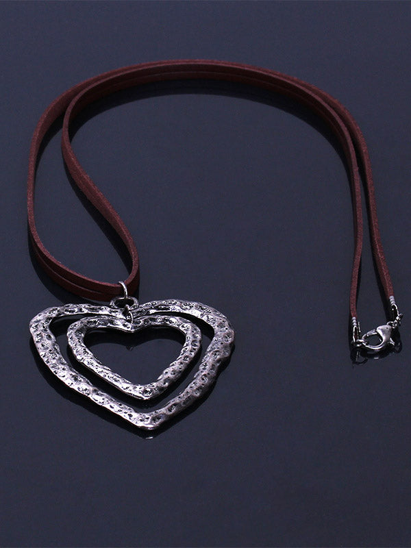 Double Heart Brown Long Pendant Necklace