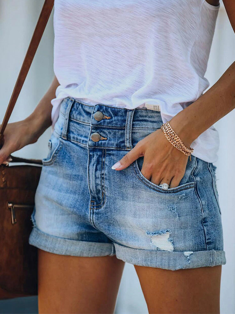 High Rise Double Button Cuffed Distressed Denim Shorts