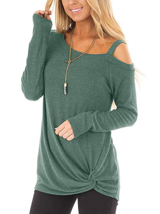 Knotted Cold Shoulder Long Sleeve T-Shirt - Green
