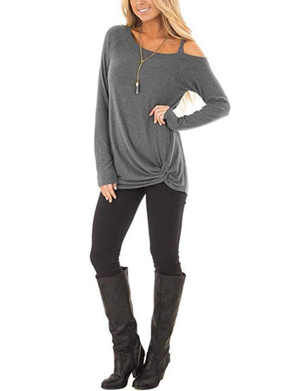 Knotted Cold Shoulder Long Sleeve T-Shirt - Light Gray