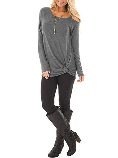 Knotted Cold Shoulder Long Sleeve T-Shirt - Light Gray