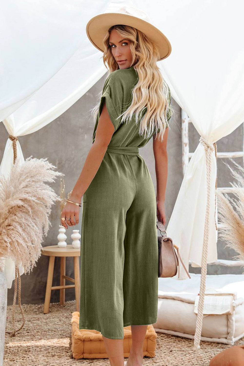 Loose Casual V Neck Tie Pocket Jumpsuit