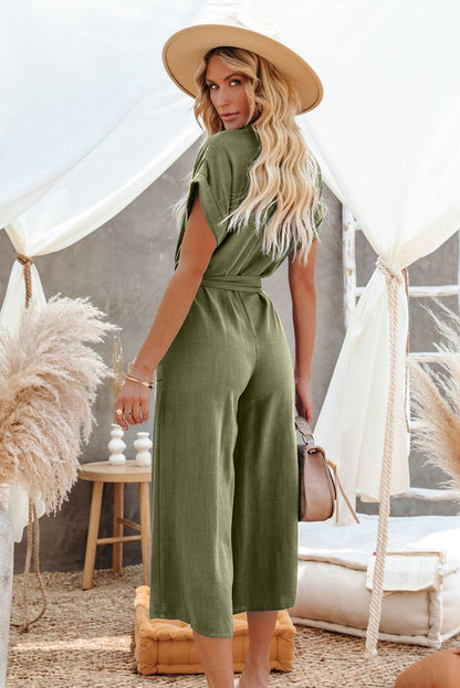 Loose Casual V Neck Tie Pocket Jumpsuit