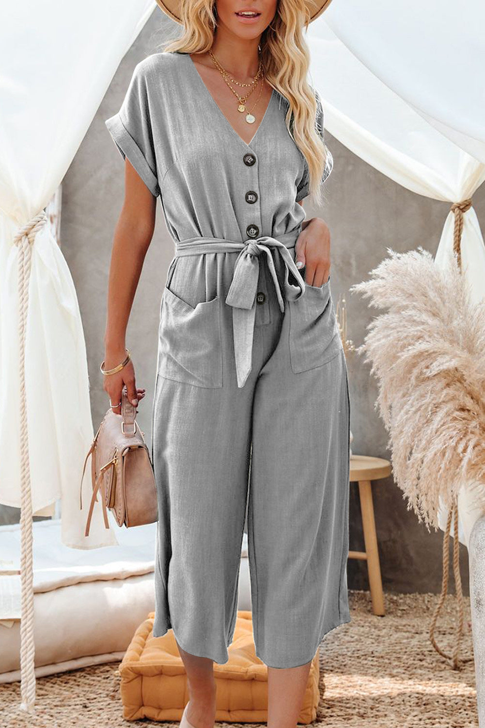 Loose Casual V Neck Tie Pocket Jumpsuit