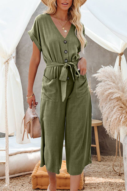 Loose Casual V Neck Tie Pocket Jumpsuit