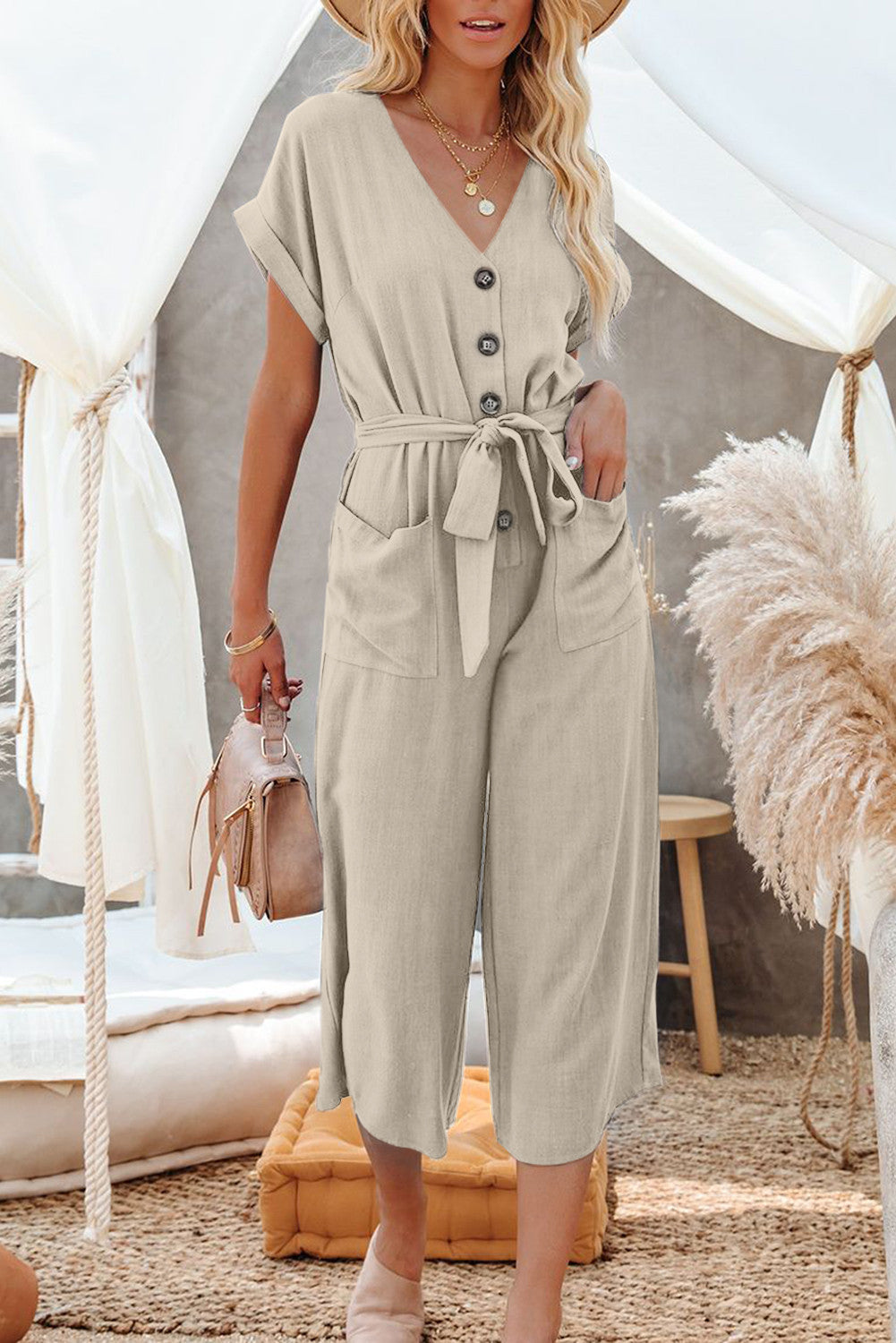 Loose Casual V Neck Tie Pocket Jumpsuit