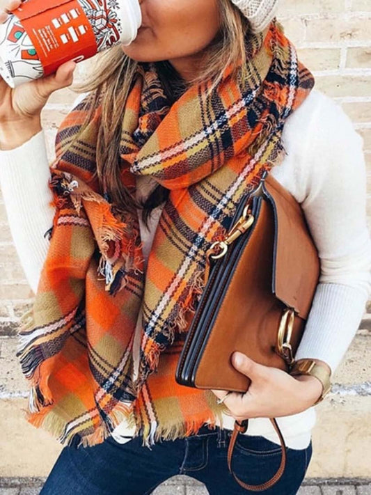 Orange Plaid Fringed Scarf