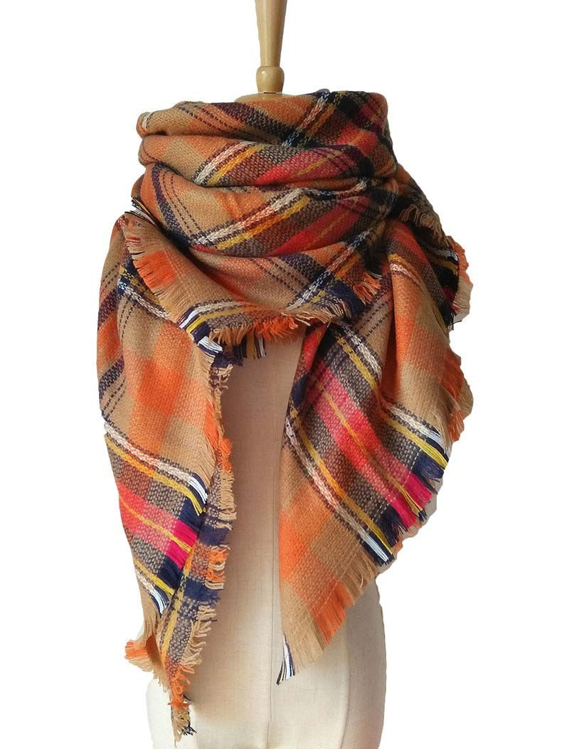 Orange Plaid Fringed Scarf