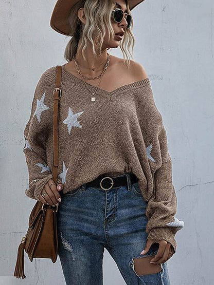 Star V-neck Fringe Knitted Sweater