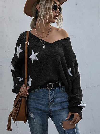 Star V-neck Fringe Knitted Sweater