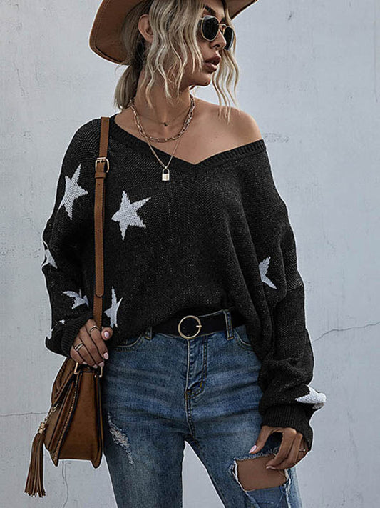 Star V-neck Fringe Knitted Sweater