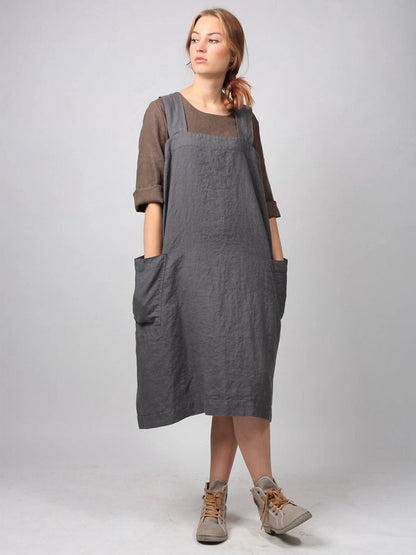 Square Cross Cotton and Linen Pinafore Apron with Deep Pockets