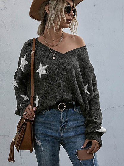 Star V-neck Fringe Knitted Sweater
