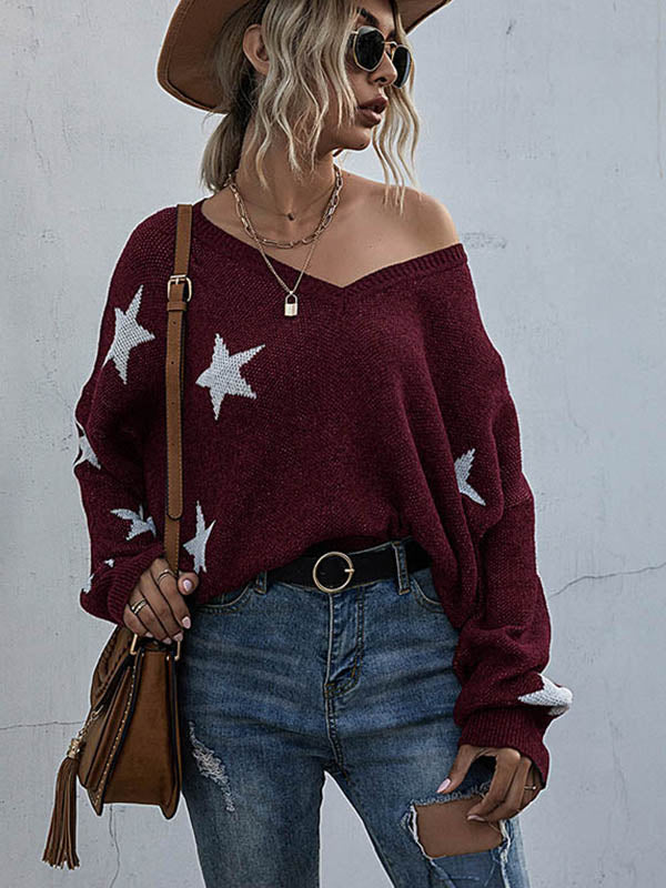 Star V-neck Fringe Knitted Sweater