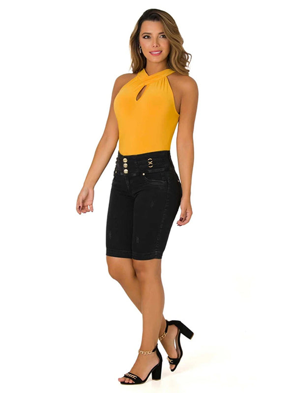 Mid Rise Buttons Butt Lifting Stretch Denim Shorts